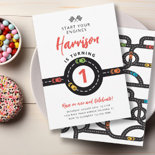 Race Cars Circle Track Boys 1st Birthday Invitation