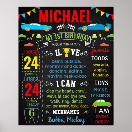 Race Cars First Birthday chalkboard Poster