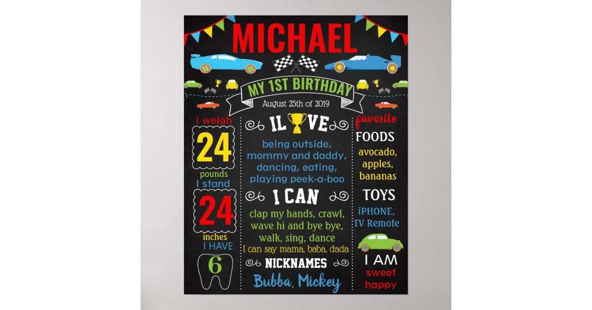 Race Cars First Birthday chalkboard Poster Zazzle