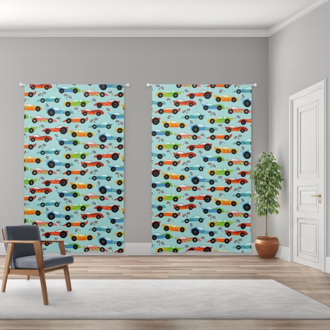 Race Cars Kids Racing Vehicles Light Blue Blackout Curtains (Wide)