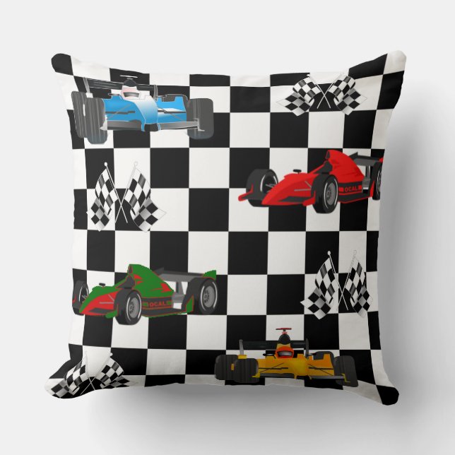 Race Cars Racing Flags and Checkered Pattern Throw Pillow (Front)