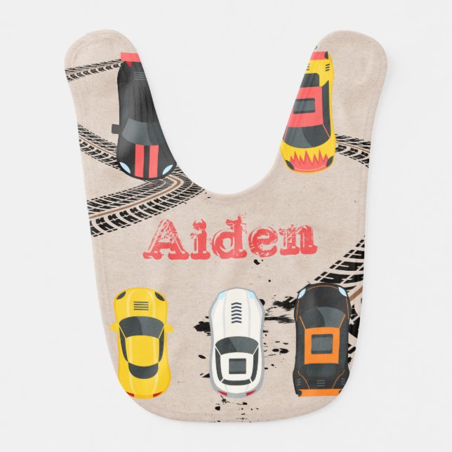 Race Cars with Tire Tread Marks Personalized   Baby Bib (Front)