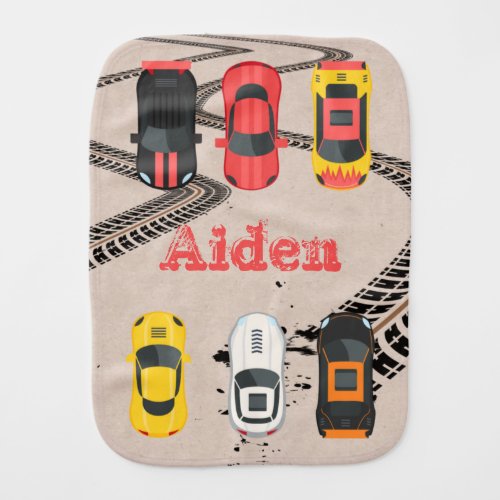 Race Cars with Tire Tread Marks Personalized    Baby Burp Cloth