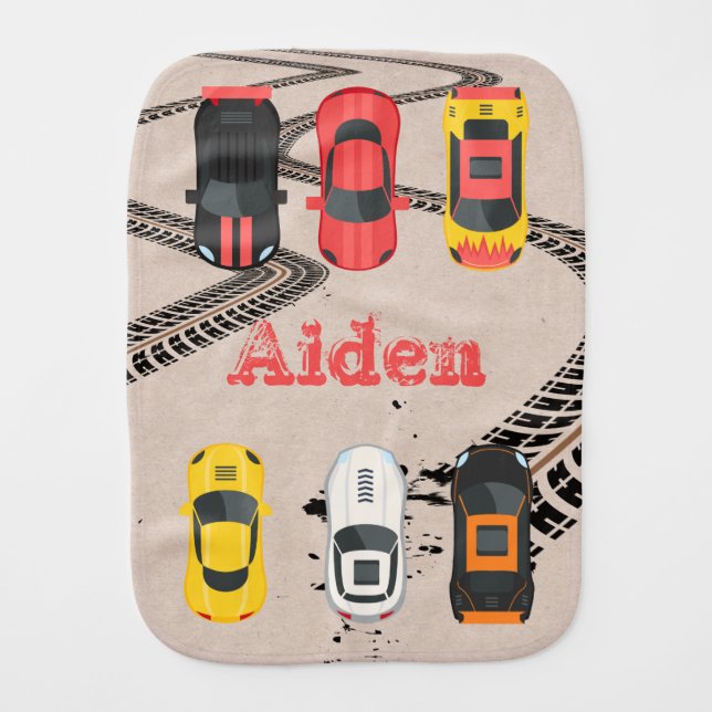 Race Cars with Tire Tread Marks Personalized    Baby Burp Cloth (Front)