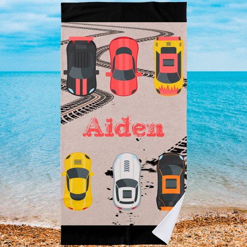 Race Cars with Tire Tread Marks Personalized    Beach Towel