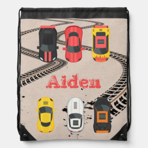 Race Cars with Tire Tread Marks Personalized Drawstring Bag