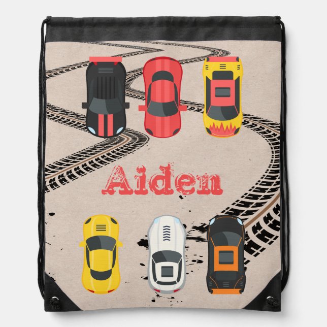 Race Cars with Tire Tread Marks Personalized   Drawstring Bag (Front)