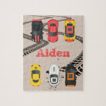 Race Cars with Tire Tread Marks Personalized    Jigsaw Puzzle<br><div class="desc">Cool Race Cars design with Tire Tread Marks,  Personalized with name in a distressed font.</div>