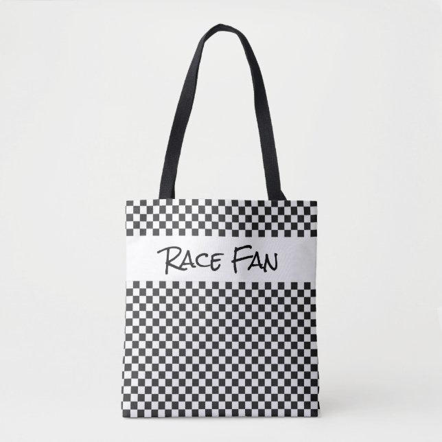 Race Fan Checkered Flag Black White Sports Cars Tote Bag (Front)
