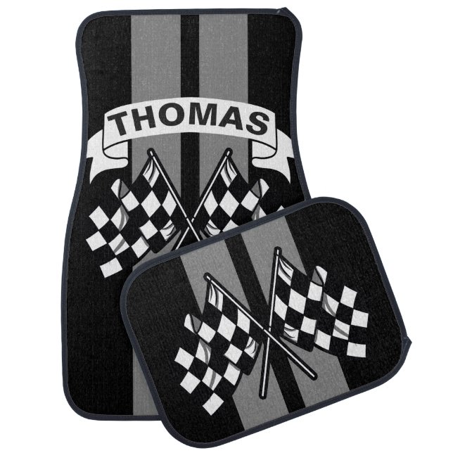 Race Flag Grey Race Stripes Personalized Car Mat (Set)