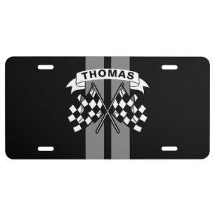 Race Flag Grey Race Stripes Personalized License Plate