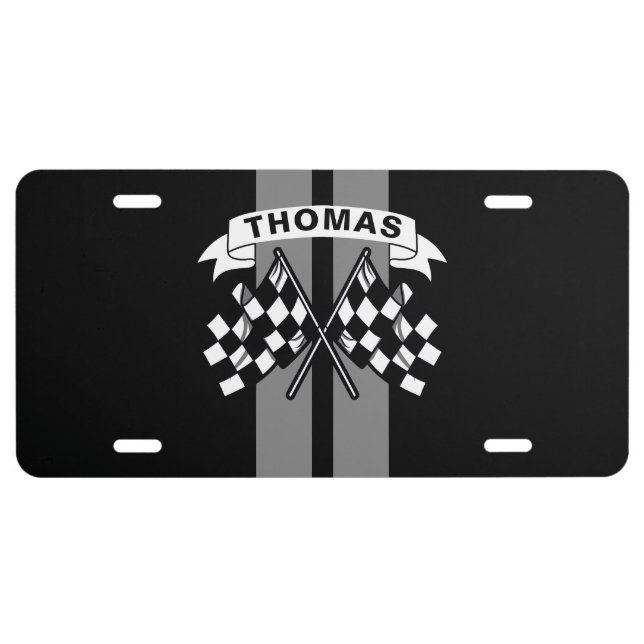 Race Flag Grey Race Stripes Personalized License Plate (Front)