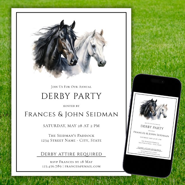 Race Horse Derby Party Simple Elegant Black White Invitation (Creator Uploaded)