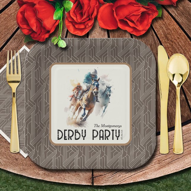 Race Horses Derby Party Brown Square Paper Plates (Paper plates and matching napkins sold separately. (Silverware not sold.))
