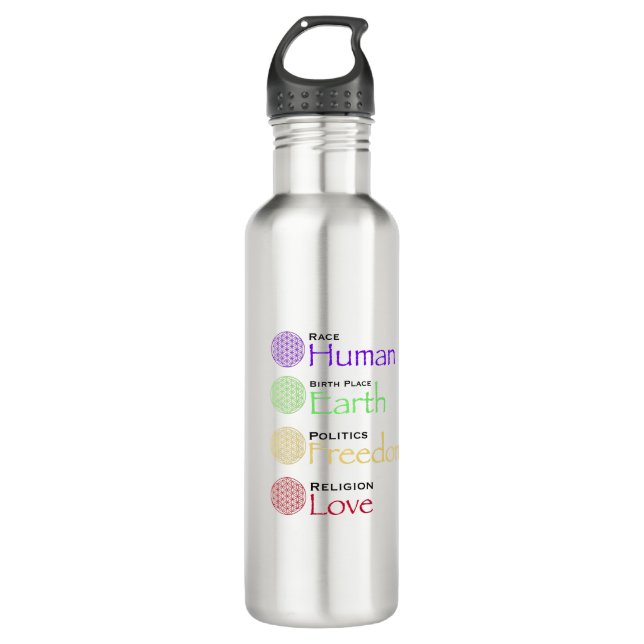 Race: Human Birthplace: Earth Politics: Freedom Re Stainless Steel Water Bottle (Front)