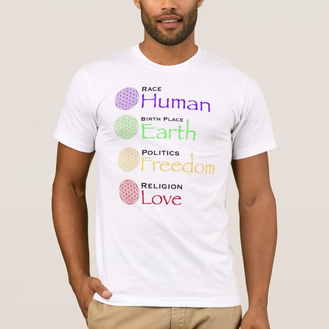 Race: Human Birthplace: Earth Politics: Freedom Re T-Shirt (Front)