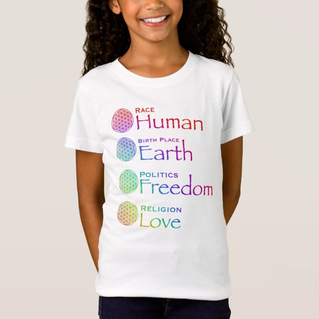 Race: Human Birthplace: Earth Politics: Freedom  T-Shirt (Front)