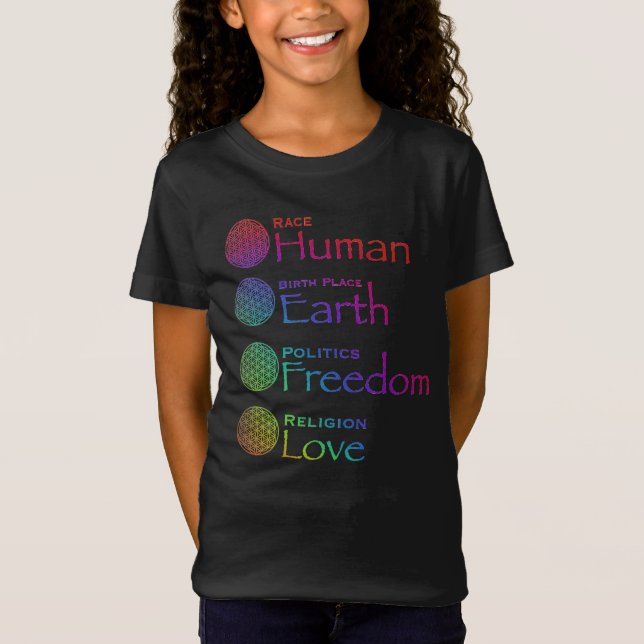 Race: Human Birthplace: Earth Politics: Freedom  T T-Shirt (Front)