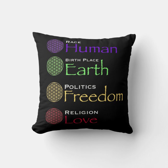 Race: Human Birthplace: Earth Politics: Freedom  Throw Pillow (Front)