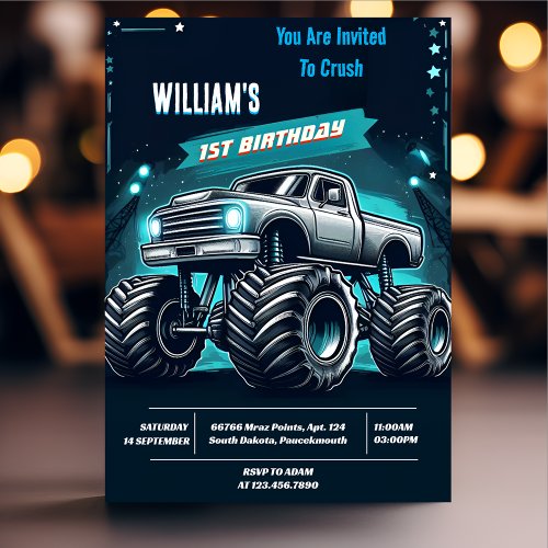 Race Kids Boy Cars Cool Monster Truck 1st Birthday Invitation
