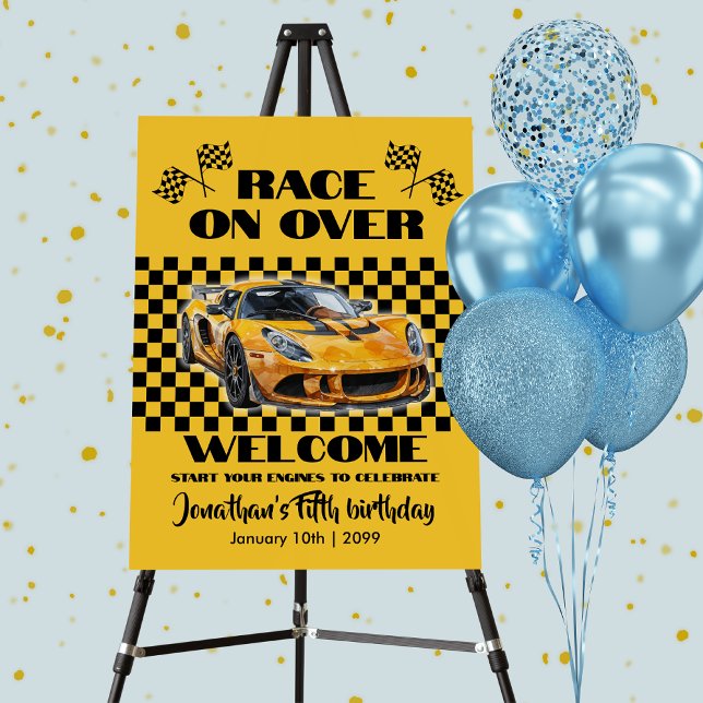 Race On Over Any Age Birthday Yellow Sports Car Foam Board (Creator Uploaded)