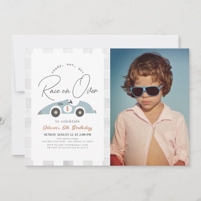 Race on Over Blue Race Car Boy Birthday Photo Invitation (Front)