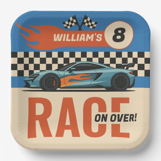 Race on Over Cool Car Race Boys Birthday Paper Plates (Front)