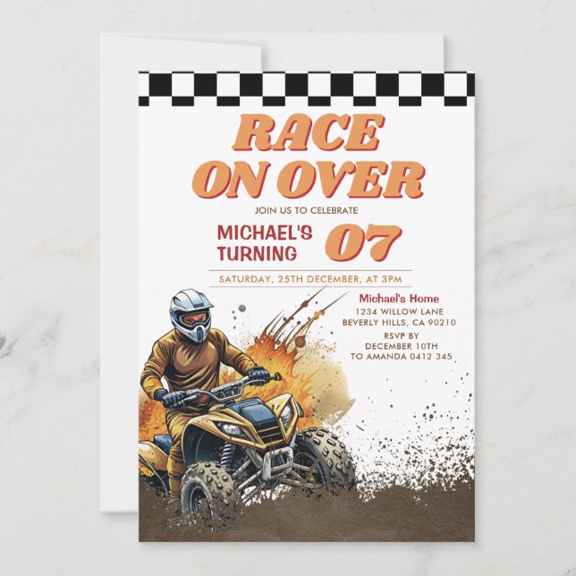 Race On Over Kid's Dirt ATV Supercross Birthday Invitation (Front)