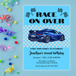 Race on Over Modern Blue Sports Car Any Age Invitation