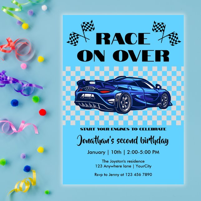 Race on Over Modern Blue Sports Car Any Age Invitation (Creator Uploaded)