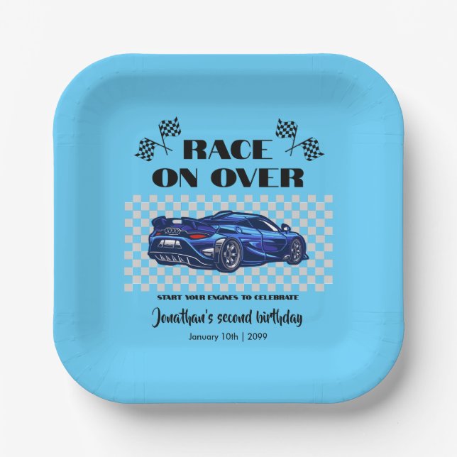 Race on Over Modern Blue Sports Car Any Age Paper Plates (Front)
