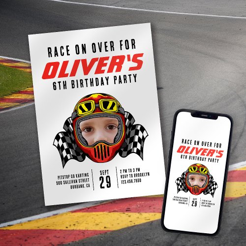 Race on Over Racing Helmet Photo Birthday Party Invitation