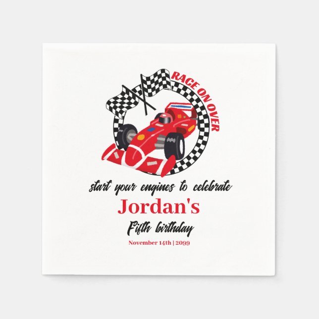 Race On Over Red Race Car Any Age Birthday Napkins (Front)