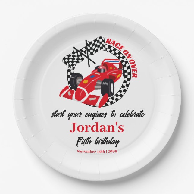 Race On Over Red Race Car Any Age Birthday Paper Plates (Front)