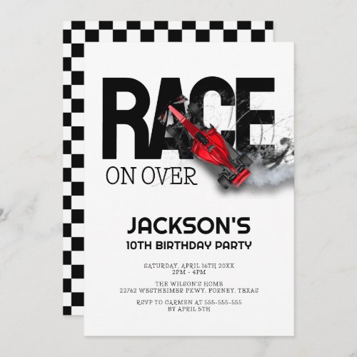 Race On Over Red Race Car Birthday Party Invitation