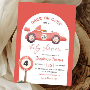Race on Over Red Vintage Race Car Baby Shower Invitation