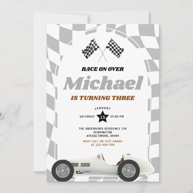 Race on Over Retro 70's Race Car Any Age Birthday Invitation (Front)