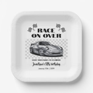 Race on Over Silver Modern Race Car Any Age Paper Plates