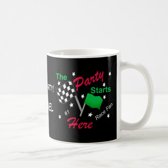 Race Party Starts Name Personalized Checkered Flag Coffee Mug (Right)