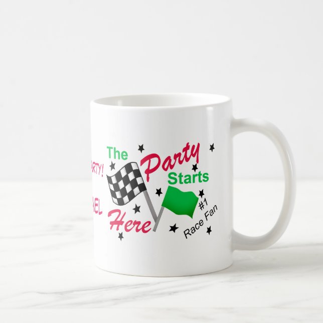 Race Party Starts Name Personalized Checkered Flag Coffee Mug (Right)