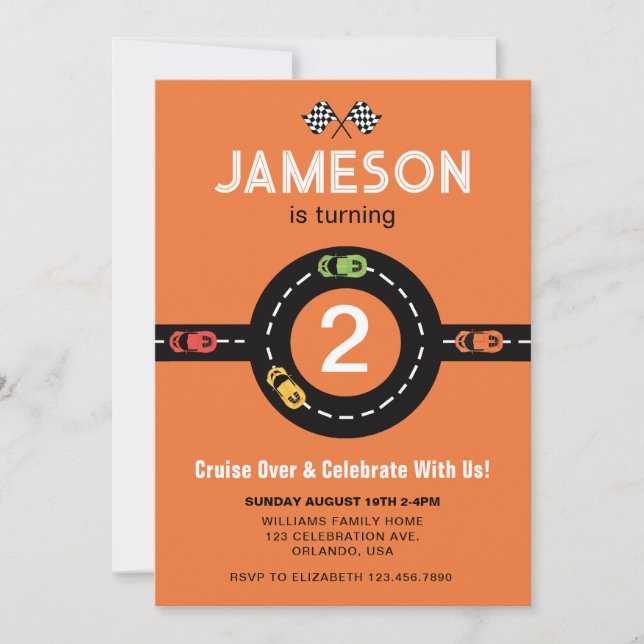Race Track Boys 2nd Birthday Orange Invitation (Front)
