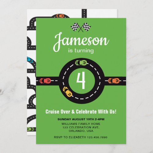 Race Track Boys 4th Birthday Green Invitation