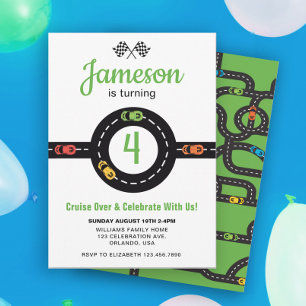 Race Track Boys 4th Birthday White Invitation