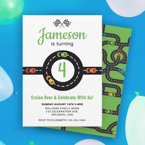 Race Track Boys 4th Birthday White Invitation