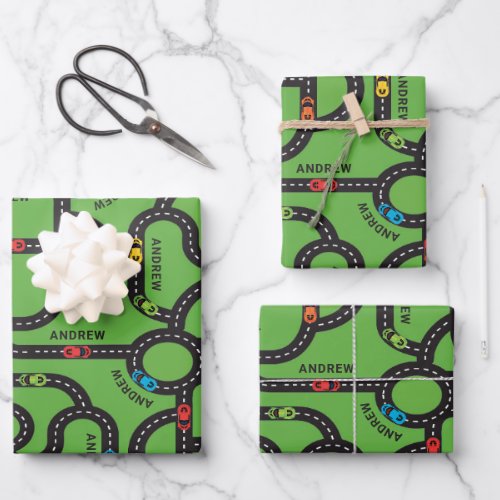 Race Track Boys Birthday Green Wrapping Paper