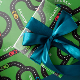 Race Track Boys Birthday Green Wrapping Paper Sheets