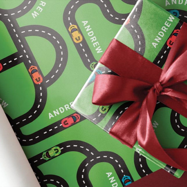 Race Track Boys Birthday Green Wrapping Paper Sheets (Creator Uploaded)
