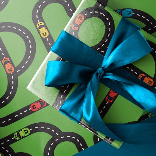 Race Track Boys Birthday Green  Wrapping Paper Sheets