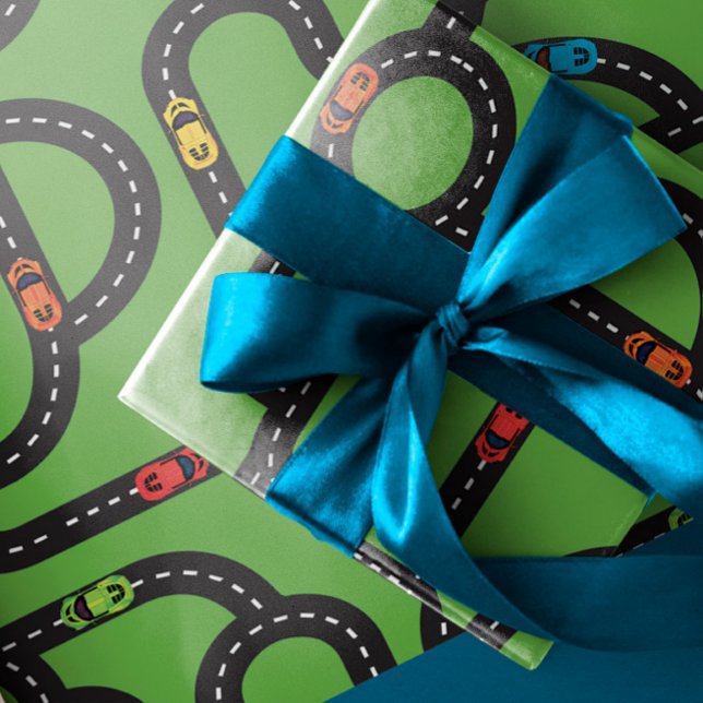 Race Track Boys Birthday Green  Wrapping Paper Sheets (Creator Uploaded)
