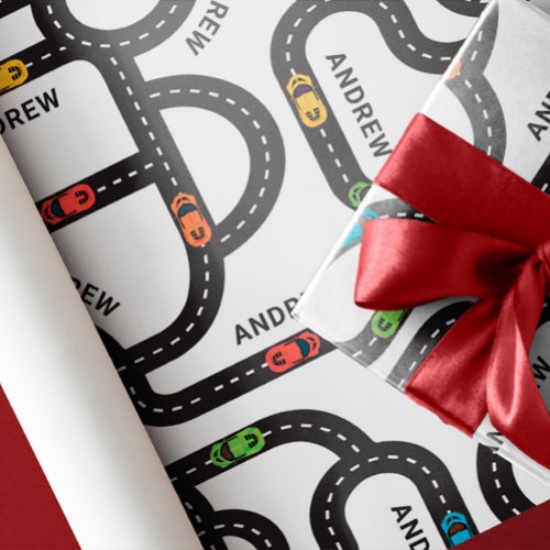 Race Track Boys Birthday White Wrapping Paper